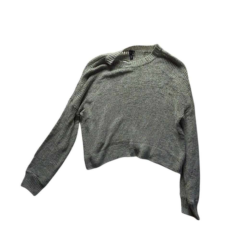 Moon & Madison Women Sage Green Cropped Knit Sweater M Crew Neck Long Sleeve